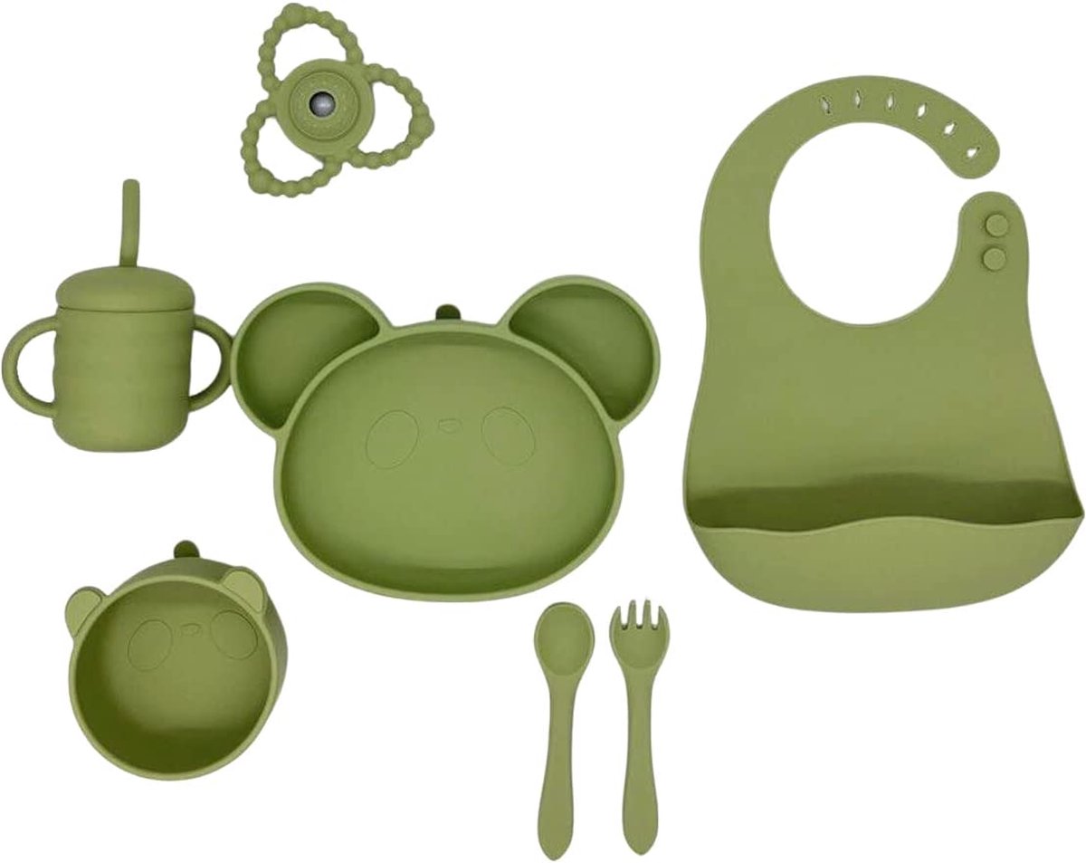7-delige babyvoedingsset met lepel, vork, kom, slabbetje, drinkbakje en twee borden met gratis speelgoed, babyvork, lepel en bord + BPA-vrij en zuignapbord (groen)
