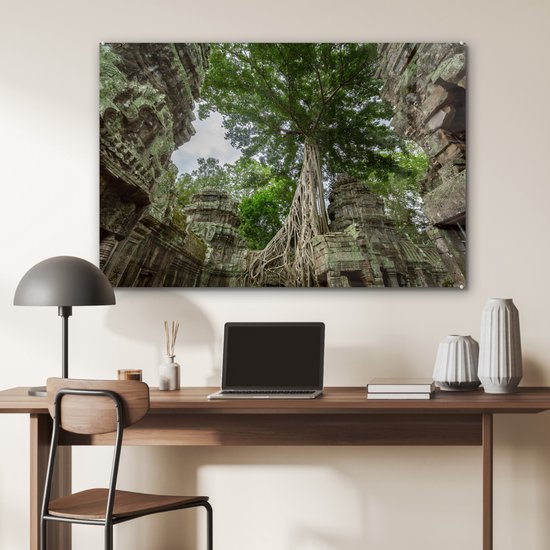 Peinture sur verre MuchoWow® 90x60 cm - Peinture acrylique sur verre - Temple Ta Prohm envahi par la végétation au Cambodge - Photo sur verre - Peintures