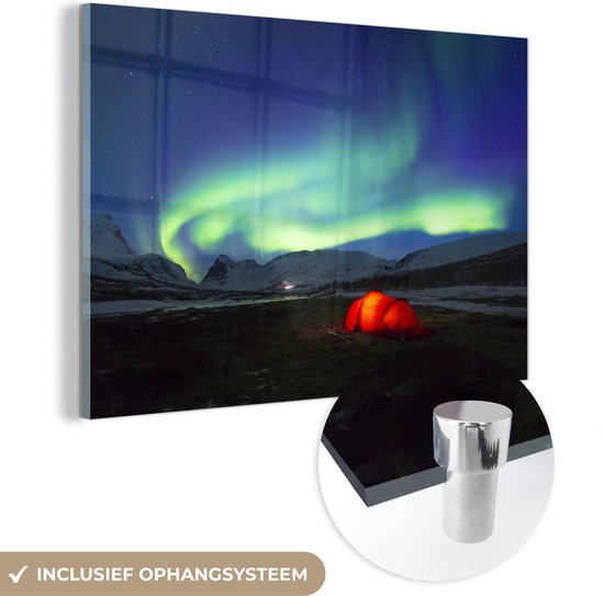 MuchoWow® Peinture sur verre 90x60 cm - Peinture sur verre acrylique - Aurores boréales - Tente - Suède - Photo sur verre - Peintures