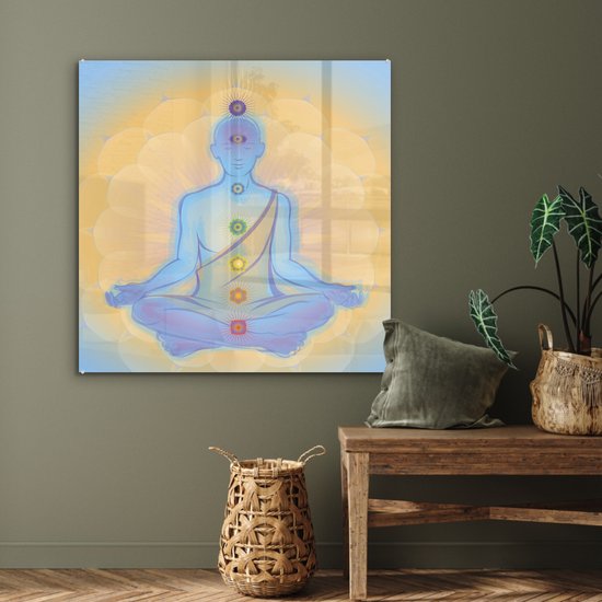 MuchoWow® Peinture sur Verre - Illustration du Moine aux Sept Chakras - 90x90 cm - Peintures sur Verre Acrylique - Photo sur Glas