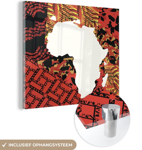 MuchoWow® Glasschilderij 20x20 cm - Schilderij acrylglas - Kaart van Afrika met traditionele patronen - Foto op glas - Schilderijen
