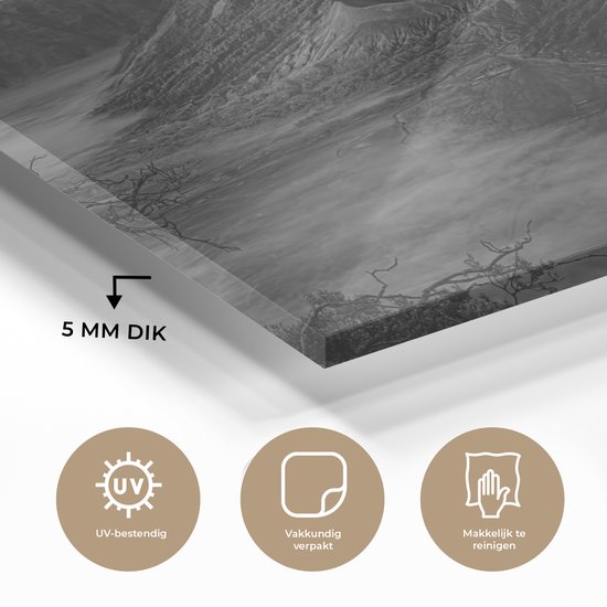 MuchoWow® Peinture sur verre 180x120 cm - Peinture sur verre acrylique - Indonésie - Volcan - Zwart - Wit - Photo sur verre - Peintures