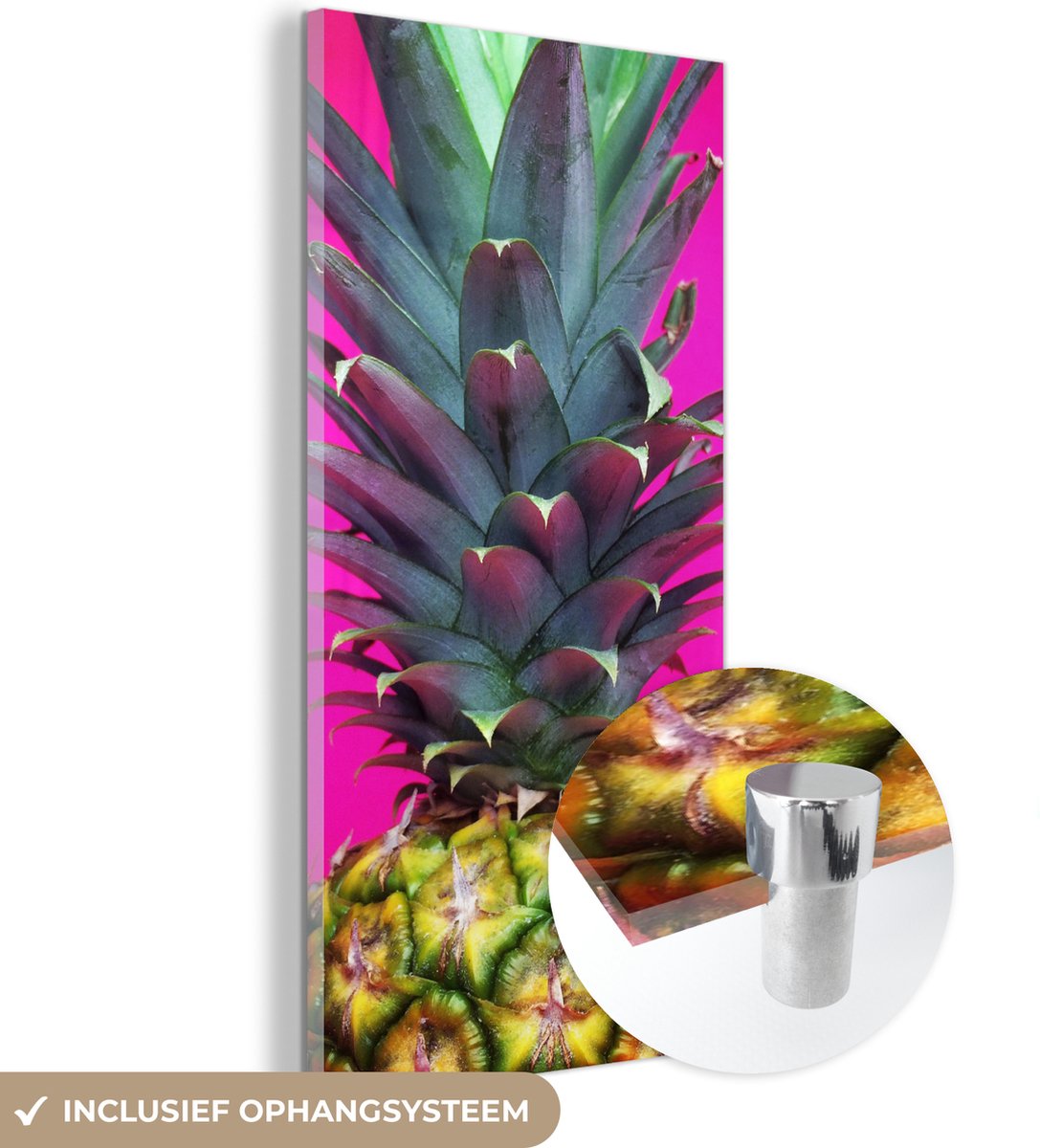 ® Glasschilderij 80x160 cm - Schilderij acrylglas - Ananas - Fruit - Roze - Foto op glas - Muurdecoratie woonkamer - Wanddecoratie slaapkamer - Schilderijen