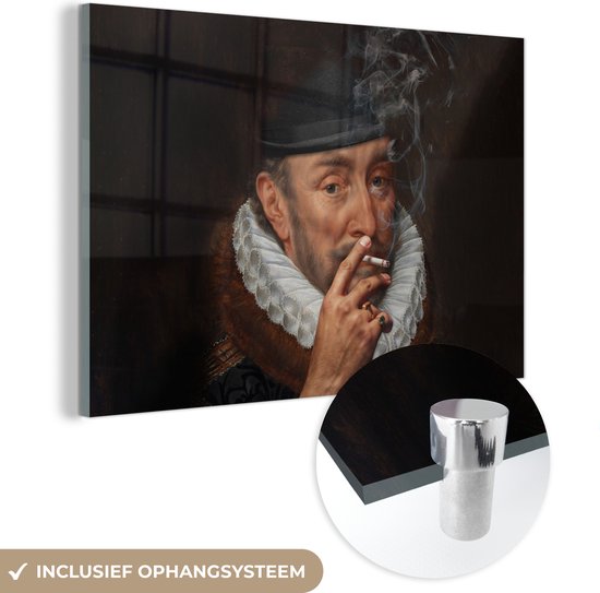 MuchoWow® Peinture sur verre 180x120 cm - Peinture sur verre - Willem van Oranje - Adriaen Thomasz - Fumer - Photo sur verre acrylique - Peintures