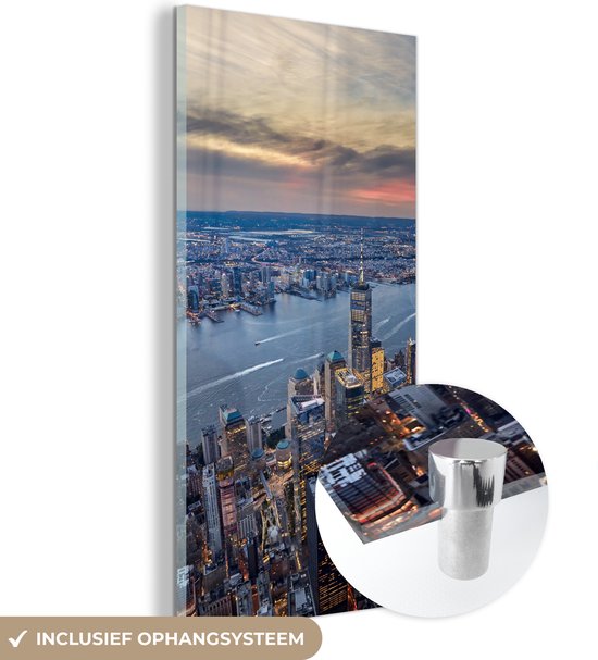 MuchoWow® Glasschilderij 40x80 cm - Schilderij acrylglas - New York - Water - Zonsondergang - Foto op glas - Schilderijen