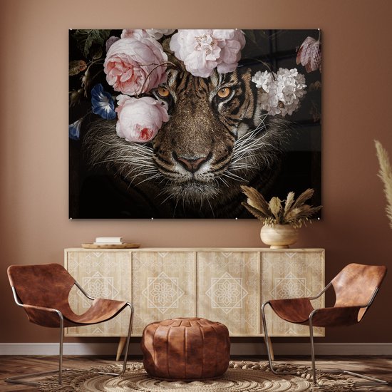 Peinture sur Verre - Tigre - Fleurs - Roses - 160x120 cm - Peintures sur Verre Peintures - Photo sur Glas