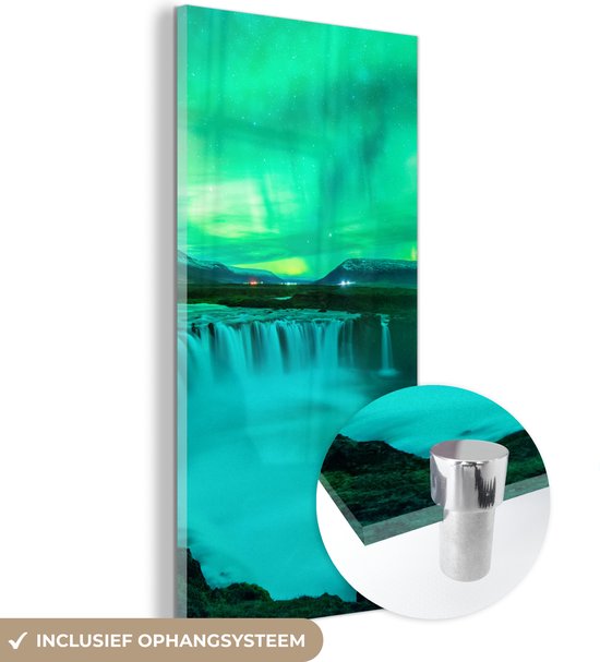 MuchoWow® Glasschilderij 40x80 cm - Schilderij acrylglas - Waterval - IJsland - Noorderlicht - Foto op glas - Schilderijen