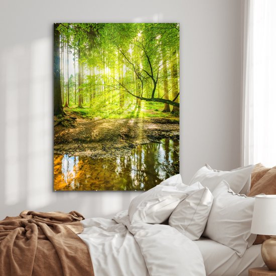 Glasschilderij - Acrylglas - Bos - Zon - Rivier - Wanddecoratie - Glasschilderij binnen - Foto op glas - 90x120 cm - Schilderij - Glasschilderij natuur