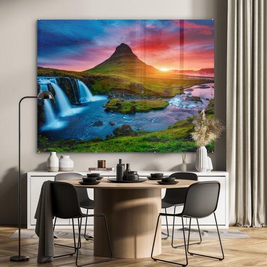 Peinture sur verre - Photo sur verre - Cascade - Islande - Coucher de soleil - Berg - Verre acrylique - Peinture sur verre nature - Peinture sur verre - 160x120 cm - Décoration murale - Décoration murale