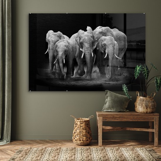 MuchoWow® Glasschilderij 180x120 cm - Schilderij acrylglas - Olifant - Zwart - Wit - Dieren - Foto op glas - Schilderijen