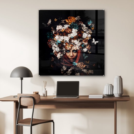 Peinture sur Verre - Fleurs - Papillon - Femmes - Foulard - 90x90 cm - Peintures sur Verre Peintures - Photo sur Glas