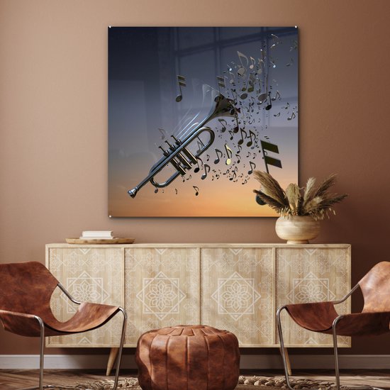 Belle trompette souffle des notes de musique Plexiglas 90x90 cm - Tirage photo sur Glas (décoration murale plexiglas)
