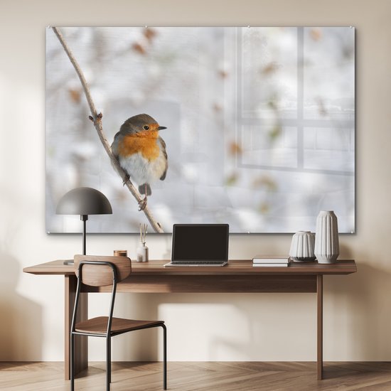 Robin sur une fine branche en hiver Plexiglas 180x120 cm - Tirage photo sur Glas (décoration murale plexiglas) XXL / Groot format!