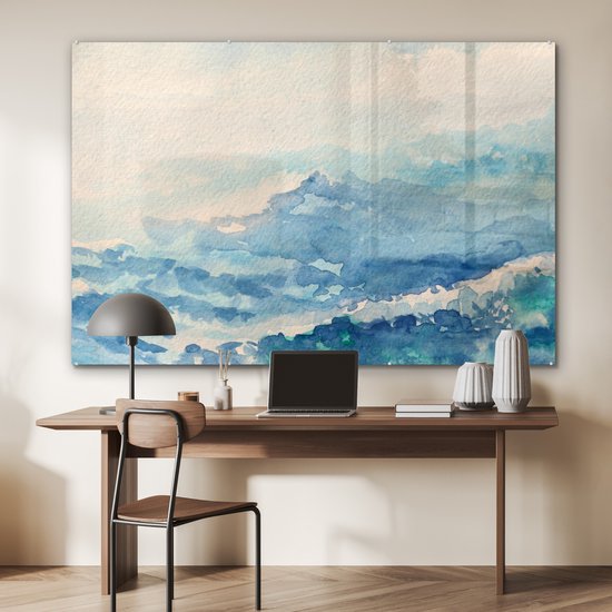 MuchoWow® Peinture sur verre 150x100 cm - Peinture acrylique sur verre - Illustration aquarelle abstraite de vagues - Photo sur verre - Peintures