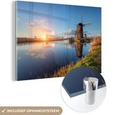 MuchoWow® Glasschilderij 180x120 cm - Schilderij acrylglas - Windmolen - Water - Zon - Foto op glas - Schilderijen