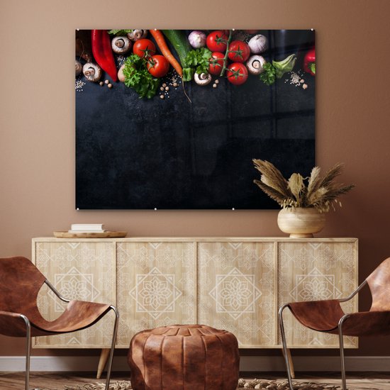 MuchoWow® Peinture sur Verre - Légumes - Herbes - Épices - Zwart - Rustique - Cuisine - 120x90 cm - Peintures sur Verre Acrylique - Photo sur Glas