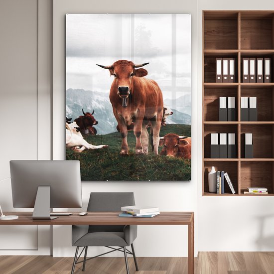 MuchoWow® Peinture sur verre 120x160 cm - Peinture sur verre acrylique - Animaux - Vache - Berg - Photo sur verre - Peintures