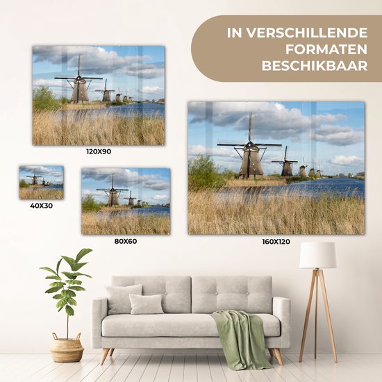 Les moulins à vent hollandais de Kinderdijk pendant une journée ensoleillée Plexiglas 80x60 cm - Tirage photo sur Glas (décoration murale en plexiglas)