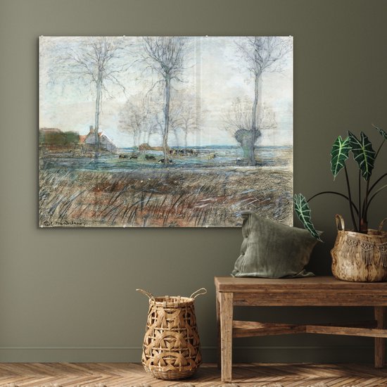 MuchoWow® Peinture sur verre 120x90 cm - Peinture sur verre acrylique - Ferme avec trois grands arbres au premier plan - Piet Mondrian - Photo sur verre - Peintures