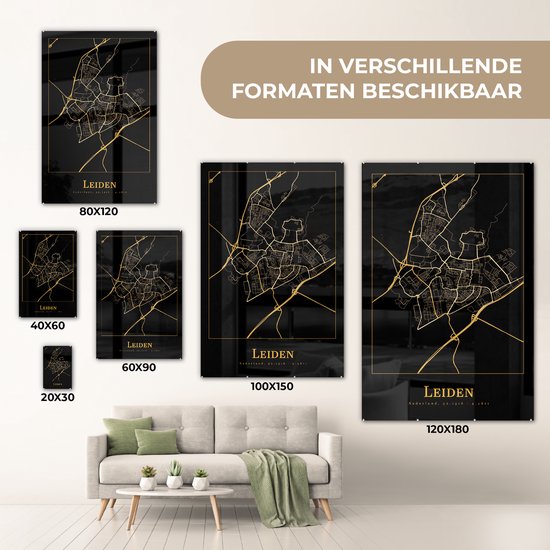 MuchoWow® Peinture sur verre 60x90 cm - Peinture acrylique sur verre - Carte - Leiden - Or - Zwart - Photo sur verre - Peintures