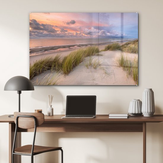Peinture sur verre - Plage - Mer - Dune - Nederland - Rose - 120x80 cm - Peintures en plexiglas