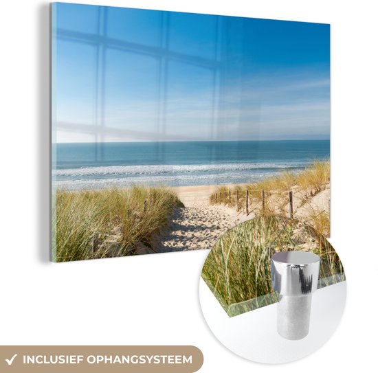 MuchoWow® Glasschilderij 120x80 cm - Schilderij acrylglas - Strand - Zee - Duin - Zand - Zomer - Foto op glas - Schilderijen