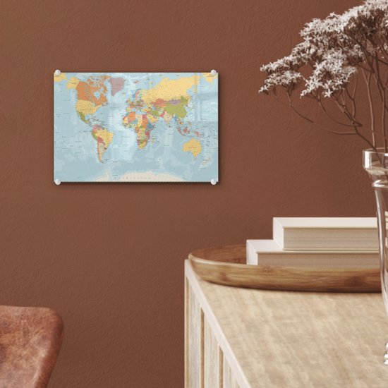 Peinture sur Verre - Carte du Wereldkaart - Couleurs - Atlas - 30x20 cm - Peintures sur Verre Peintures - Photo sur Glas