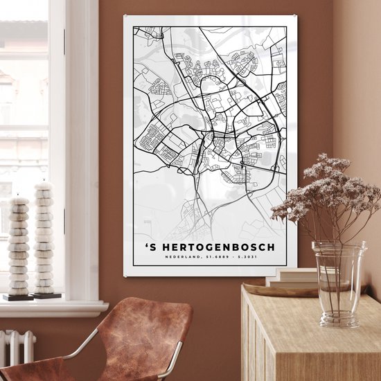 MuchoWow® Peinture sur verre 80x120 cm - Peinture sur verre acrylique - Carte - 's-Hertogenbosch - Zwart - Wit - Photo sur verre - Peintures