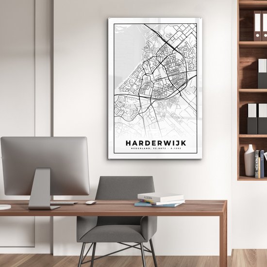 ® Glasschilderij 60x90 cm - Schilderij acrylglas - Kaart - Harderwijk - Zwart - Wit - Foto op glas - Muurdecoratie woonkamer - Wanddecoratie slaapkamer - Schilderijen