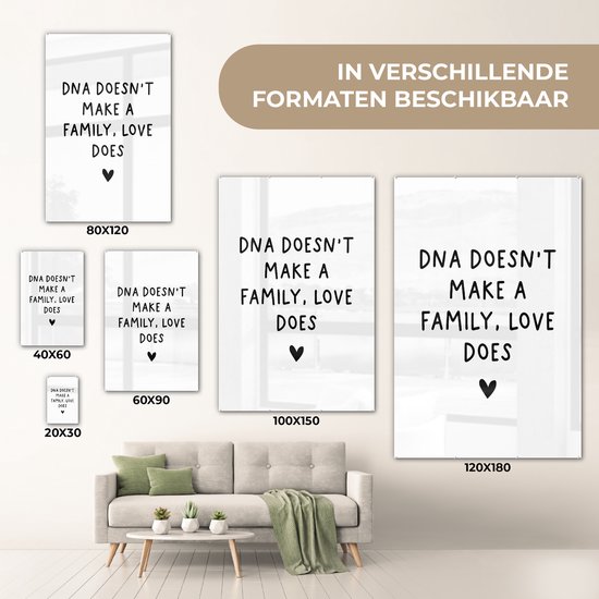 MuchoWow® Glasschilderij 80x120 cm - Schilderij acrylglas - Engelse quote "DNA doesn't make a family, love does" met een hartje op een witte achtergrond - Foto op glas - Schilderijen