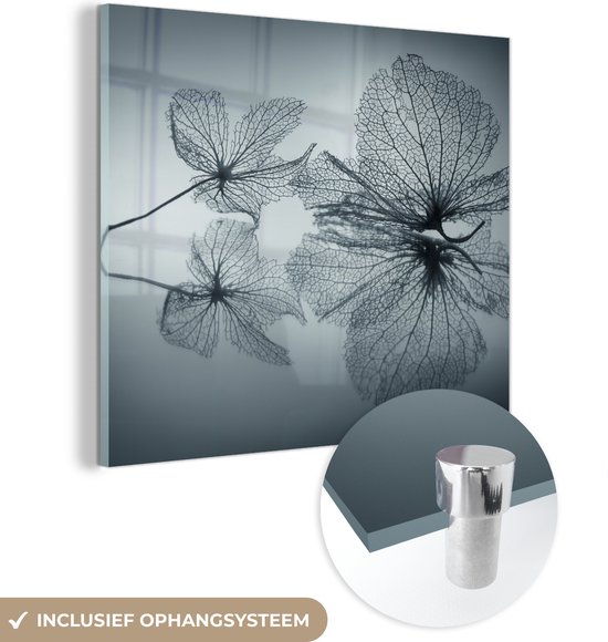 MuchoWow® Glasschilderij 90x90 cm - Schilderij acrylglas - Stilleven - Bladeren - Zwart - Wit - Foto op glas - Schilderijen