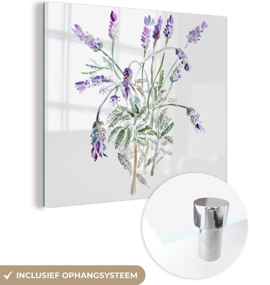 MuchoWow® Glasschilderij 20x20 cm - Schilderij acrylglas - Aquarel - Bloemen - Lavendel - Foto op glas - Schilderijen