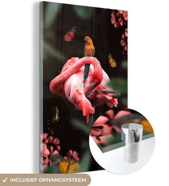MuchoWow® Glasschilderij 100x150 cm - Schilderij acrylglas - Jungle - Flamingo - Papegaai - Vlinder - Foto op glas - Schilderijen