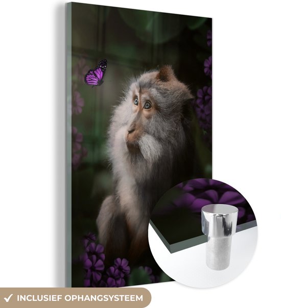 MuchoWow® Glasschilderij 20x30 cm - Schilderij acrylglas - Aap - Jungle - Vlinder - Planten - Foto op glas - Schilderijen