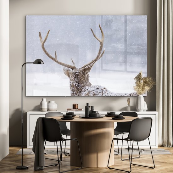 MuchoWow® Peinture sur Verre - Cerf - Bois - Neige - Hiver - 180x120 cm - Peintures sur Verre Acrylique - Photo sur Glas
