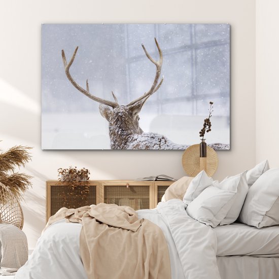 MuchoWow® Peinture sur Verre - Cerf - Bois - Neige - Hiver - 180x120 cm - Peintures sur Verre Acrylique - Photo sur Glas