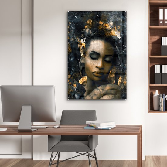 MuchoWow® Glasschilderij 60x90 cm - Schilderij acrylglas - Vrouwen - Abstract - Bloemen - Foto op glas - Schilderijen