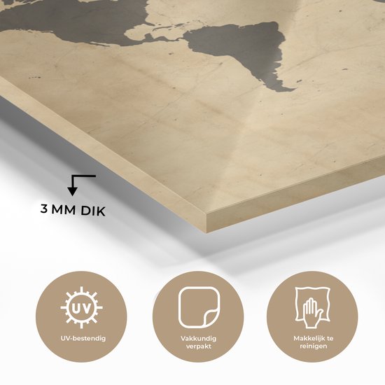 Peinture sur Verre - Carte du Wereldkaart - Vintage - Voyages - 20x20 cm - Peintures sur Verre Peintures - Photo sur Glas