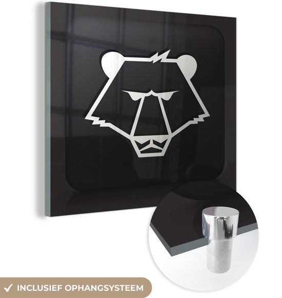 MuchoWow® Glasschilderij 20x20 cm - Schilderij acrylglas - Een illustratie van de kop van een beer op een zwarte achtergrond - Foto op glas - Schilderijen