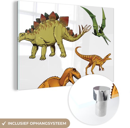 MuchoWow® Glasschilderij 60x40 cm - Schilderij acrylglas - Dinosaurus - Tekening - Kinderen - Jongens - Kinderen - Foto op glas - Schilderijen