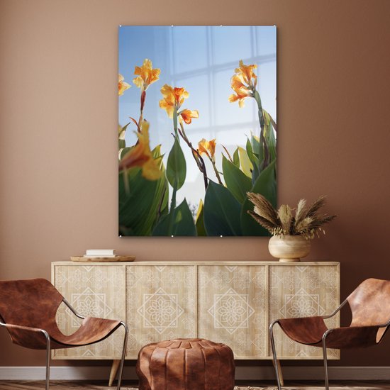 MuchoWow® Peinture sur verre 90x120 cm - Peinture sur verre acrylique - Fleurs de canna sous un ciel clair - Photo sur verre - Peintures