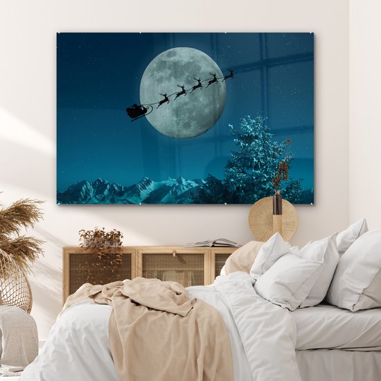 MuchoWow® Peinture sur verre 150x100 cm - Peinture sur verre acrylique - Rennes avec le Père Noël dans les airs - Photo sur verre - Peintures