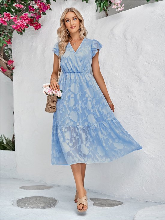 Robe Longue Femme - Robe Femme - Manches Courtes - Col V- Blauw - Taille XL