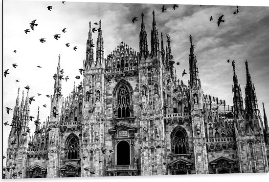 Dibond - Kathedraal in Milaan in het Zwart- wit - 105x70 cm Foto op Aluminium (Met Ophangsysteem)