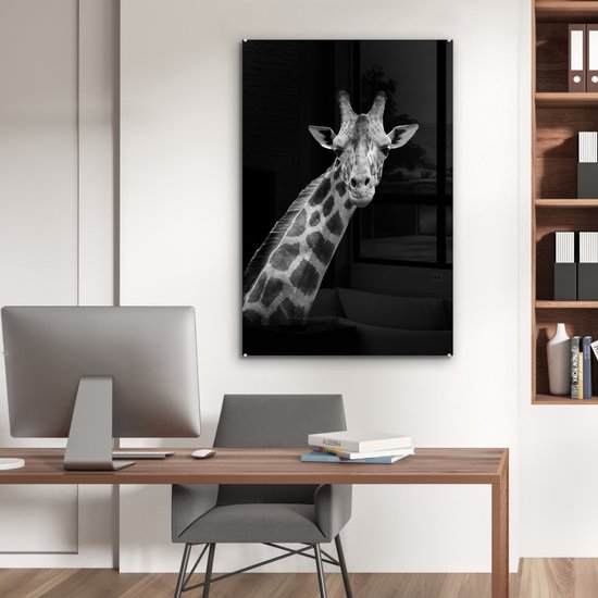 MuchoWow - Peinture sur verre - Girafe - Zwart - Wit - Photo sur verre - Verre acrylique - Décoration murale - 80x120 cm - Salon - Décoration murale animaux - Décoration maison