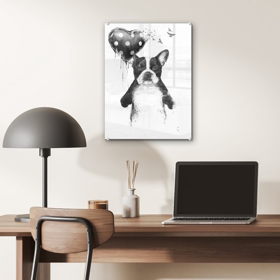 MuchoWow® Glasschilderij 30x40 cm - Schilderij acrylglas - Hond - Ballon - Stippen - Vogels - Foto op glas - Schilderijen