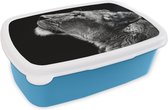 Broodtrommel Blauw - Lunchbox - Brooddoos - Leeuw - Dieren - Zwart wit - 18x12x6 cm - Kinderen - Jongen