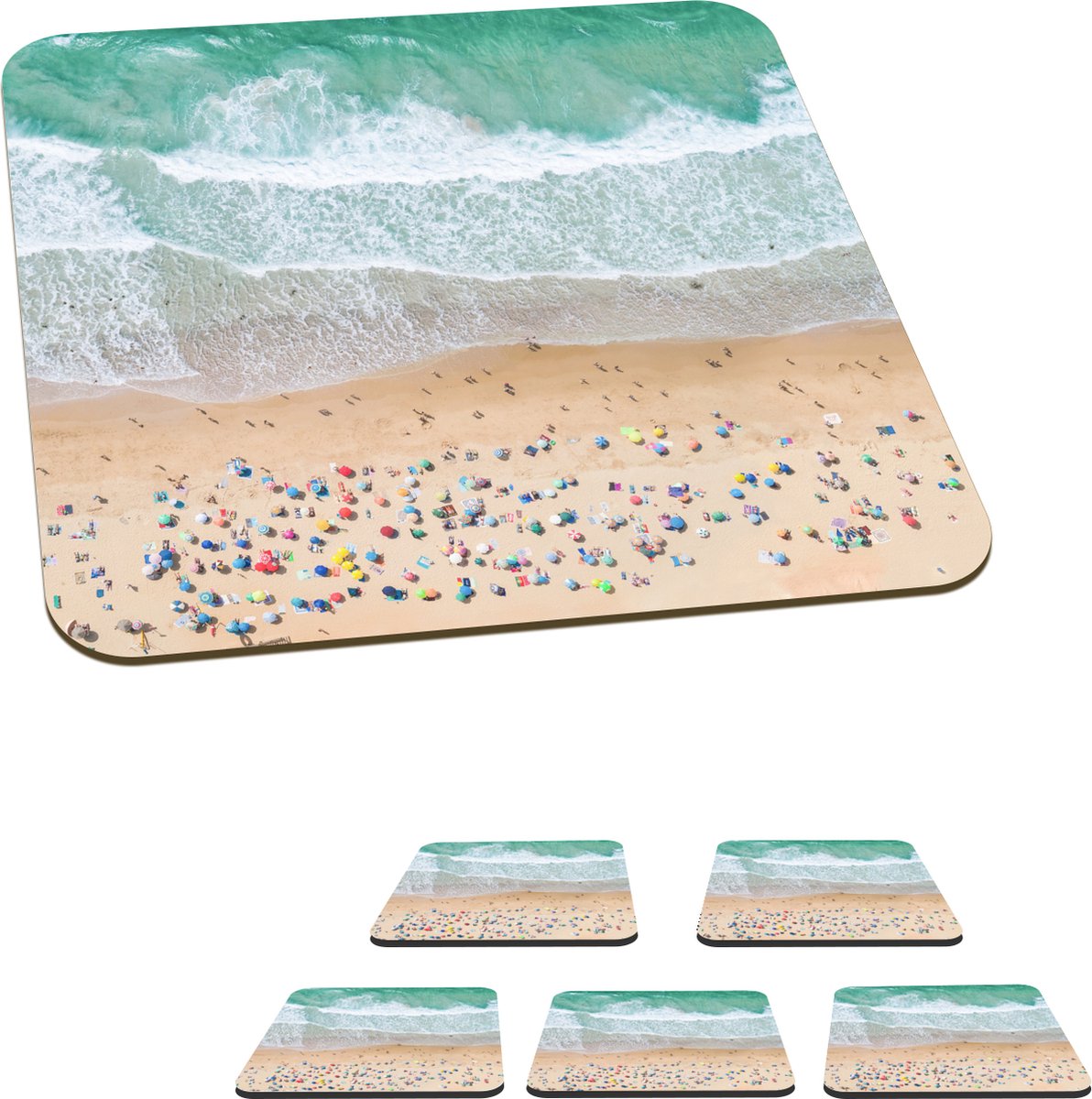 Onderzetters voor glazen - Zee - Strand - Parasols - Water - Zomer - 10x10 cm - Glasonderzetters - 6 stuks