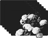 Placemat - Placemats kunststof - 45x30 cm - Bloemen - Zwart wit - Natuur - Planten - Rozen - 6 stuks - Borden onderleggers antislip - Tafel decoratie - Luxe tafelversiering - Tafelmat vinyl - Bord onderlegger - Tafeldecoratie accessoires