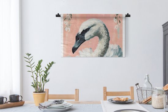 Wandkleed - Wanddoek - Zwaan - Dieren - Bloemen - Pastel - Wit - 90x60 cm - Wandtapijt